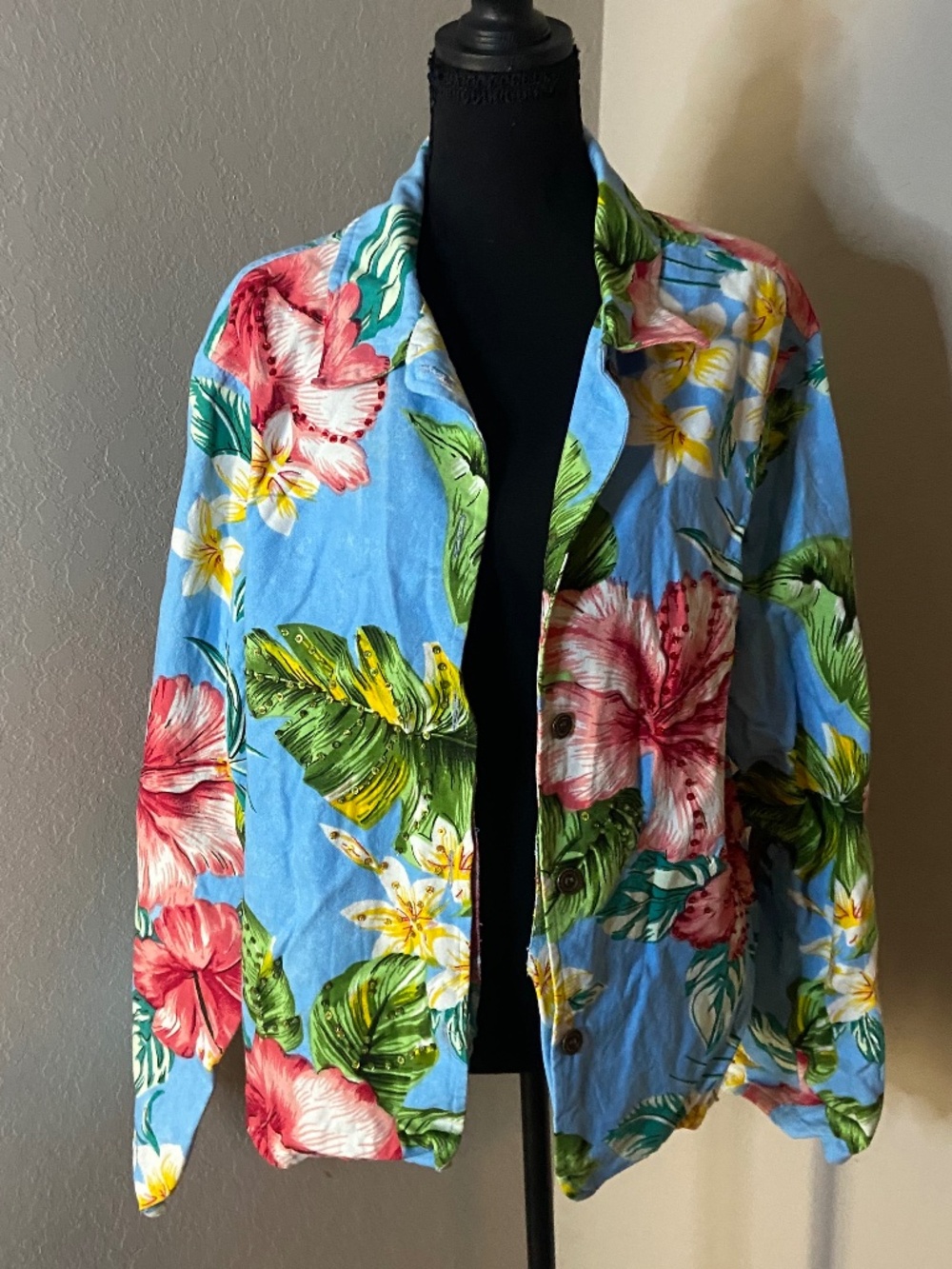 Gaudy Couture Tropical Hibiscus Floral Sky Blue Button Front Canvas Jacket 1X